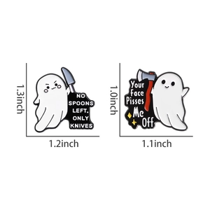 Detailed dimensions of funny ghost enamel pins with knives and snarky quotes
