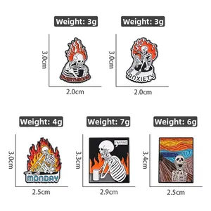 Detail view of five skeleton enamel pins with overthinking and anxiety text themes