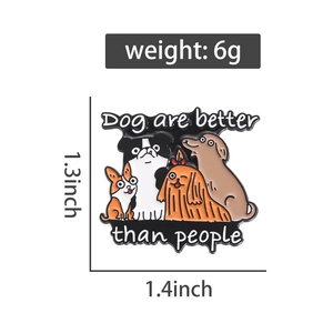 Detail showing cartoon dog enamel pin dimensions 1.3x1.4 inches and weight 6g