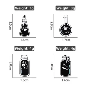 Set of four cartoon black enamel potion bottles pins with spooky eyes and animal silhouettes