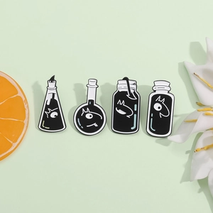 Set of four cute fantasy potion bottle enamel pins featuring cartoon cat silhouettes
