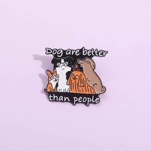 Cartoon dog enamel badge with Dog are better than people phrase on a purple background