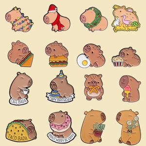 Set of 16 cute cartoon capybara enamel pins with food and birthday themes