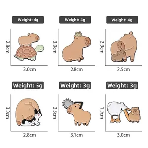 Detailed size chart for Capybara enamel pins showing various cartoon animal designs