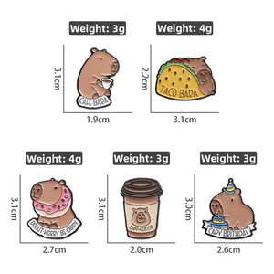 Detailed dimensions and weight of cute Capybara enamel pins set in various cartoon shapes