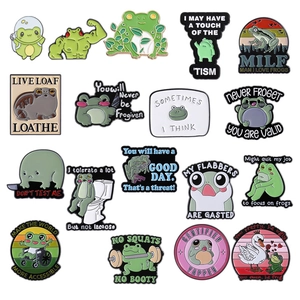 Creative 17-piece green frog enamel pin set with funny memes and inspiring slogans