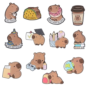 Set of 11 cute cartoon capybara enamel pins with various fun lifestyle themed designs