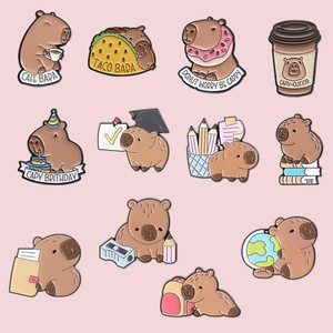 Cartoon capybara enamel pin set with 11 cute designs including cafe and taco themes