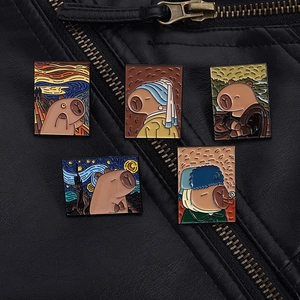 Detailed close-up of five Capybara enamel pins styled as world famous art oil paintings