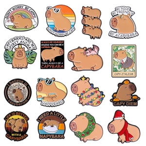 Set of 16 cute cartoon Capybara enamel pins featuring funny puns and colorful designs
