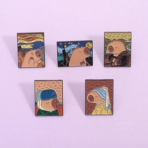 Creative Capybara World Masterpiece Enamel Pin Alloy Brooch Lacquered Cartoon Animal Cat Frog Badge Jewelry Clothing Decor Gift