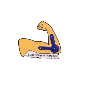 Enamel pin featuring a strong arm and goniometer for Physical Therapists