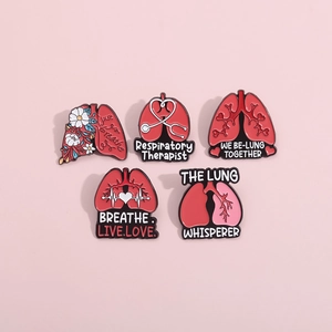 Lot de 5 broches en émail sur le thème du poumon avec motifs médicaux et fleurs roses