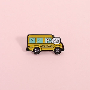 Cute yellow enamel struggle bus brooch with cartoon white goose and bestie slogan