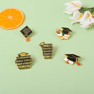 Five-piece graduation enamel brooch set with doctoral caps and motivational quotes