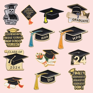 Collection of 2025 graduation enamel pins with black and gold doctoral caps and badges