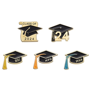 2024 Graduation Pin Set featuring black mortarboard caps and golden BSC MPH MHA scrolls