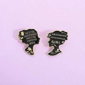 Vintage Alloy Enamel Female Profile Brooch Literary Quote Pin For Women Book Lover Gift Pride And Prejudice Black Gold Accessory