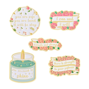 5-piece motivational floral enamel pins set in zinc alloy with inspirational quotes