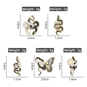 Detailed product dimensions and weights for five unique black and gold enamel snake pins
