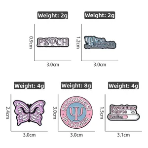 Psychology enamel pin set with butterfly and progress bar designs and size details