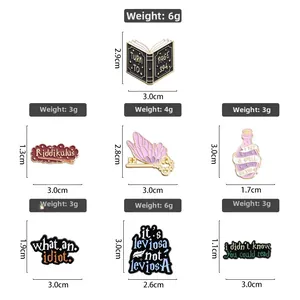 Detail of enamel pins featuring Harry Potter motifs like flying keys and magic potions