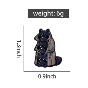 Three raccoons in a trench coat enamel pin size 1.3x0.9 inch and 6g weight detail