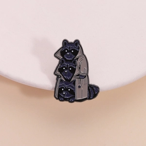 Cute enamel brooch with three raccoons in a trench coat, animal badge for creative styling