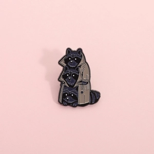 Three raccoons in a trench coat enamel pin badge with a cute cartoon animal design
