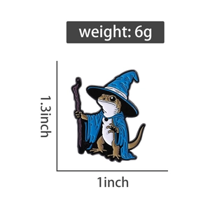 Detailed wizard lizard enamel pin showing size 1.3 by 1 inch and 6g weight specs