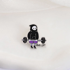 Cartoon Grim Reaper deadlift enamel pin badge made of creative fitness-themed metal alloy