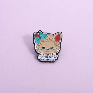 Cartoon Cat Enamel Pin Alloy Brooch With Bow And Slogan Crushed By The Burden Of Existence Badge For Clothes Backpack Accessories Gift