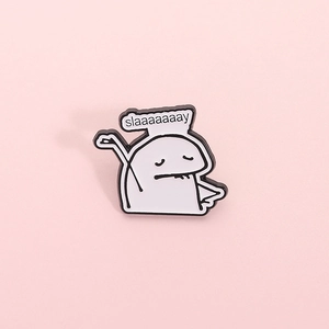 Minimalist Flork enamel pin with Slaaaaaaaay text on a soft pink background