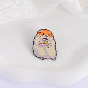 Creative enamel hamster brooch holding a yellow cross, cute cartoon metal badge accessory