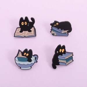 Cartoon Black Cat Enamel Pin Set Reading Cat On Books Alloy Brooch Creative Animal Lapel Badge For Clothes Bag Jewelry Gift