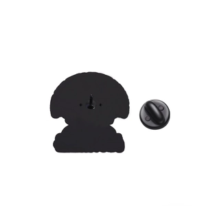 Detail view of black enamel pin back with secure metal post and rubber clutch backing