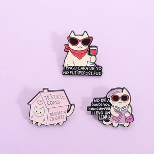 Cute Cartoon Cat Enamel Pin Brooch Alloy Spanish Text Funny Cat House Literary Cat Sunglasses Cat Lapel Badge For Women