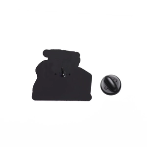 Detailed back view of enamel animal brooch pin with black rubber clutch and metal pin