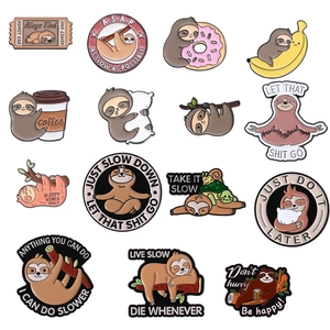 Set of 14 cartoon sloth enamel pins featuring cute animals in various funny poses