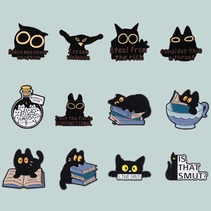 Set of 12 cute black cat enamel pins featuring funny poses and humorous English quotes