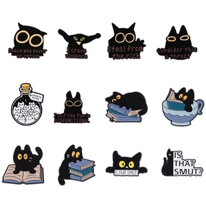 Set of 12 creative black cat enamel pins with funny English quotes and golden metal edges