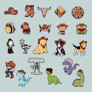 Set of 20 creative enamel pins featuring cartoon cowboy animals and western motifs