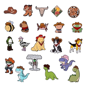 Set of 20 cowboy themed enamel pins featuring cartoon animals with western hats and boots