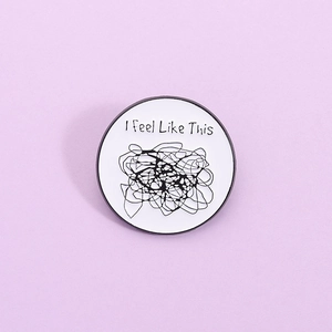 I Feel Like This Enamel Pin Round Zinc Alloy Brooch Black White Chaotic Lines Cartoon Badge Lapel Pin Jewelry Gift For Women Men