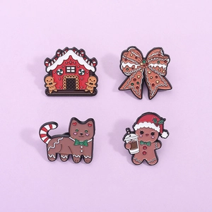 Cute Christmas Gingerbread Man Enamel Brooch Zinc Alloy Painted Cartoon Lapel Pin Gingerbread House Bow Cat Badge Jewelry For Holiday Party