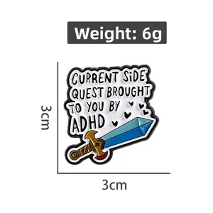 Detail view of ADHD sword enamel pin showing 3x3cm dimensions and 6g weight specs