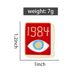 Detail view of 1984 book enamel pin with dimensions 1.2 by 1 inch and 7g weight