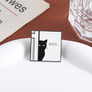 Funny black cat hiding behind a door enamel pin with 'bitch' text on a ceramic plate