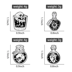 Detailed size and weight specs for Gothic skull and anatomical heart enamel pin set