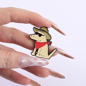 Detail of creative cartoon dog doctor enamel pin with rainbow stripes and accessories
